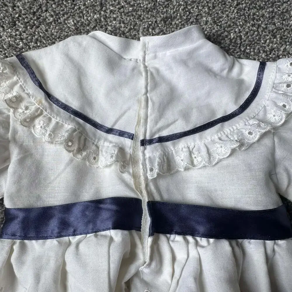 Vintage White Eyelet Lace Party Dress Navy Ribbon Baby Girls 6-9M